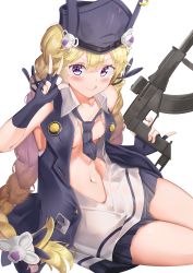 Rule 34 | 1girl, absurdres, black gloves, black skirt, blonde hair, blush, braid, breasts, collarbone, commentary, fingerless gloves, girls&#039; frontline, gloves, gun, hair ornament, hat, highres, holding, holding gun, holding weapon, kuse (0201), long hair, looking at viewer, navel, necktie, open clothes, purple eyes, purple hat, purple ribbon, ribbon, simple background, skirt, small breasts, solo, sr-3mp (girls&#039; frontline), twin braids, twintails, very long hair, weapon, white background