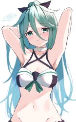 Rule 34 | 1girl, adapted costume, arms behind head, bikini, black ribbon, breasts, calin, green eyes, green hair, hair between eyes, hair ornament, hair ribbon, hairclip, highres, kantai collection, large breasts, long hair, multicolored bikini, multicolored clothes, official alternate costume, one-hour drawing challenge, parted bangs, ponytail, ribbon, sidelocks, solo, swimsuit, yamakaze (kancolle)