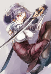 Rule 34 | 1girl, blush, boots, breasts, dress, dress shirt, eyebrows, hair ribbon, holding, holding sword, holding weapon, impossible clothes, impossible shirt, katana, large breasts, light purple hair, long hair, looking at viewer, pantyhose, ponytail, red dress, red eyes, ribbon, sheath, shirt, solo, sword, touhou, underbust, watatsuki no yorihime, weapon, yohane
