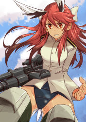 Rule 34 | 10s, angry, animal ears, brave witches, cloud, day, flying, gluteal fold, gun, hair ribbon, karibuchi takami, long hair, looking down, military, military uniform, outdoors, red eyes, red hair, sky, standing, strike witches, striker unit, suo (sndrta2n), swimsuit, swimsuit under clothes, tail, weapon, world witches series