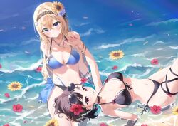 Rule 34 | 2girls, arm support, beach, bikini, black bikini, black choker, black hair, blonde hair, blue bikini, blue eyes, bracelet, breasts, breasts apart, choker, cleavage, commentary, crossed bangs, eyewear on head, flower, frilled bikini, frills, front-tie bikini top, front-tie top, hair between eyes, hair flower, hair ornament, hairband, hairclip, halterneck, jewelry, lap pillow, long hair, medium breasts, morros, multi-strapped bikini bottom, multiple girls, nail polish, necklace, o-ring, o-ring bikini, o-ring top, ocean, original, red eyes, red nails, short hair, side-tie bikini bottom, sunflower, sunflower hair ornament, sunglasses, swimsuit, symbol-only commentary, thigh strap, water