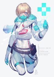 Rule 34 | 1girl, animification, apex legends, belt, blonde hair, blue eyes, breasts, character request, commentary request, eyepatch, gloves, hair over one eye, highres, hood, hood down, jacket, long sleeves, looking at viewer, mask, mizutama (mao11260510), mouth mask, pouch, quarantine 722 wraith, short hair, simple background, smile, solo, thigh strap, upper body, white background, white jacket, wraith (apex legends)