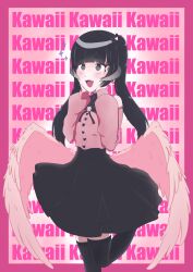 Rule 34 | 1girl, absurdres, black hair, dragon girl, feathered wings, feathers, gado soulsilver, hands on own face, hands up, heart, highres, horns, nails, open mouth, pink background, ribbon, skirt, sparkle, thighhighs, twintails, wings