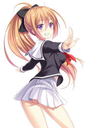 Rule 34 | 1girl, ahoge, ass, black bow, black shirt, blonde hair, bow, breasts, commentary request, cowboy shot, grin, hair between eyes, hair bow, highres, long hair, long sleeves, looking at viewer, looking back, midriff peek, mikamin, original, outstretched arms, panties, pantyshot, pink panties, pleated skirt, ponytail, purple eyes, red neckwear, sailor collar, school uniform, serafuku, shiny skin, shirt, simple background, skirt, smile, solo, spread arms, standing, underwear, white background, white sailor collar, white skirt