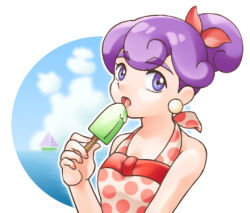 Rule 34 | alternate costume, boat, burgundy (pokemon), cloud, cloudy sky, creatures (company), food, game freak, ice cream, looking at viewer, lowres, nintendo, one-piece swimsuit, open mouth, pokemon, pokemon (anime), pokemon bw (anime), ponytail, purple eyes, purple hair, sailboat, short hair, sky, swimsuit, water, watercraft