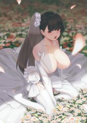 Rule 34 | 1girl, blush, breasts, breasts out, bridal veil, bride, commentary request, detached sleeves, dress, elbow gloves, falling petals, field, flower, flower field, garter straps, girls&#039; frontline, gloves, hair flower, hair ornament, komi (komiking), large breasts, long hair, looking to the side, nipples, one side up, open mouth, petals, red eyes, rose, sitting, skirt, sweat, veil, wa2000 (girls&#039; frontline), wariza, wedding dress, white dress, white flower, white legwear, white rose, white skirt