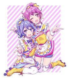 Rule 34 | 2girls, :d, ;d, alternate hairstyle, apron, bad id, bad twitter id, bang dream!, blue hair, blue neckwear, blush, bow, bowtie, character name, commentary request, diagonal stripes, earrings, frills, hair bow, jewelry, kneeling, looking at viewer, maruyama aya, matsubara kanon, muchise, multiple girls, name tag, one eye closed, open mouth, over-kneehighs, pink eyes, pink hair, pointing, ponytail, purple eyes, roller skates, sitting, skates, skirt, smile, striped, suspender skirt, suspenders, thighhighs, waist apron, waitress, white legwear, wrist cuffs, yellow bow, yellow footwear