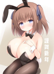 Rule 34 | 1girl, animal ears, bare shoulders, black bow, black bowtie, blue eyes, blue ribbon, blush, bow, bowtie, breasts, detached collar, fake animal ears, fake tail, hair ribbon, happy new year, highres, huge breasts, leotard, looking at viewer, new year, oppai loli, original, pantyhose, playboy bunny, rabbit ears, rabbit tail, ribbon, smile, solo, tail, traditional bowtie, twintails, wrist cuffs, yuu (yumezakura)