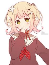 Rule 34 | 1girl, absurdres, blonde hair, blush, brown shirt, closed mouth, commentary request, flower, green eyes, hair flower, hair ornament, hairclip, head tilt, highres, hololive, long sleeves, momosuzu nene, momosuzu nene (casual), neckerchief, plaid neckerchief, plaid neckwear, puffy long sleeves, puffy sleeves, red neckerchief, sailor collar, shirt, signature, simple background, sleeves past wrists, sofra, solo, twintails, twitter username, upper body, virtual youtuber, white background, white flower, white sailor collar