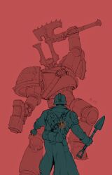 Rule 34 | adeptus astartes, amputee, arm armor, armor, artist name, astarte, axe, backpack, bag, battle axe, bolter, breastplate, chain axe, chaos (warhammer), chaos space marine, coat, combat helmet, contrast, death korps of krieg, directed-energy weapon, dynamic pose, energy gun, energy weapon, explosive, fighting stance, fire, flat color, full armor, fuse, gas mask, gloves, green theme, grenade, gun, helmet, highres, holding, holding axe, holding shovel, imperium of man, khorne, khorne berserker, laser gun, laser weapon, lasgun, leg armor, limited palette, lit fuse, looking at viewer, male focus, mask, military, military coat, military uniform, ng hamburger, pauldrons, pocket, power armor, procreate (medium), red background, red theme, shoulder armor, shovel, simple background, skull, soldier, spiked armor, spiked boots, stick grenade, trench shovel, uniform, warhammer 40k, weapon