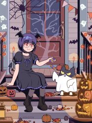 Rule 34 | 1girl, absurdres, aragon honnin, black-framed eyewear, black footwear, blush, boots, candle, closed mouth, door, glasses, grey pantyhose, halloween, highres, jack-o&#039;-lantern, original, outdoors, pantyhose, pink eyes, puffy short sleeves, puffy sleeves, purple hair, round eyewear, short hair, short sleeves, sitting, sitting on stairs, smile, solo, stairs