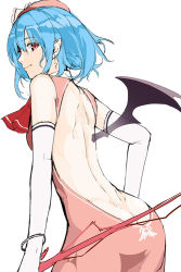Rule 34 | 1girl, ascot, backless outfit, bad id, bad pixiv id, bare back, bat wings, blue hair, butt crack, china dress, chinese clothes, dress, earrings, elbow gloves, fang, gloves, hat, jewelry, red eyes, remilia scarlet, ruuto (sorufu), short hair, simple background, smile, solo, touhou, white background, white gloves, wings