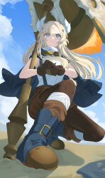 Rule 34 | 1girl, bandages, blonde hair, boots, breasts, duel monster, ecclesia (yu-gi-oh!), facial mark, forehead mark, gloves, goggles, goggles around neck, grey eyes, hair ornament, hammer, heichi, highres, horns, incredible ecclesia the virtuous, long hair, medium breasts, sand, shorts, sky, solo, stigmata, suspender shorts, suspenders, war hammer, weapon, yu-gi-oh!