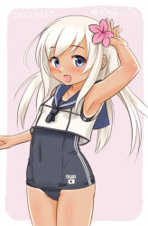 Rule 34 | 1girl, black one-piece swimsuit, blonde hair, blue eyes, blue sailor collar, character name, commentary request, cowboy shot, crop top, dated, flat chest, flower, hair flower, hair ornament, kantai collection, long hair, one-hour drawing challenge, one-piece swimsuit, one-piece tan, ray.s, ro-500 (kancolle), sailor collar, school swimsuit, solo, standing, swimsuit, swimsuit under clothes, tan, tanline, twitter username
