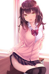 Rule 34 | 1girl, backlighting, black pantyhose, bow, bowtie, brown eyes, brown hair, brown skirt, cardigan, clothes pull, commentary, dress shirt, hair ornament, haruka natsuki, indoors, long hair, long sleeves, looking at viewer, miniskirt, open mouth, original, panties, pantyhose, pantyhose pull, partially unbuttoned, plaid, plaid skirt, pleated skirt, pulled by self, red bow, red bowtie, school uniform, shirt, side-tie panties, sitting, skirt, smile, solo, sweater, sweater pull, table, underwear, undressing, untying, white shirt, window, wing collar, x hair ornament, yellow sweater