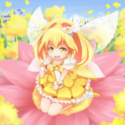 Rule 34 | 10s, 1girl, blonde hair, blush, boots, bow, choker, cure peace, dress, fairy wings, flower, hair ornament, kise yayoi, long hair, magical girl, ponytail, precure, riai (onsen), sitting, skirt, smile, smile precure!, solo, wariza, wings, yellow dress, yellow eyes, yellow skirt