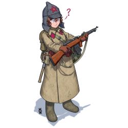Rule 34 | 1girl, ?, absurdres, backpack, bag, battle rifle, boots, brown eyes, brown gloves, brown hair, budenovka, closed mouth, coat, fedorov avtomat, full body, gloves, green coat, green footwear, grey hat, gun, hair between eyes, hat, highres, holding, holding gun, holding weapon, long sleeves, looking at object, medium hair, military, military coat, military hat, military uniform, original, ostwindprojekt, rifle, shadow, shovel, simple background, solo, soviet, soviet army, uniform, wavy hair, weapon, white background
