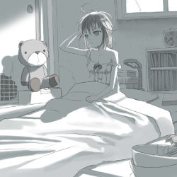 Rule 34 | 1girl, futon, greyscale, light, messy hair, monochrome, muted color, original, solo, strap slip, stuffed animal, stuffed toy, teddy bear, under covers, uni (plastic girl), waking up