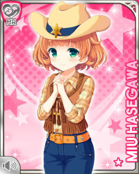 Rule 34 | 1girl, blonde hair, bow, brown vest, card (medium), closed mouth, cowboy clothes, cowboy hat, denim, denim jeans, girlfriend (kari), green eyes, hasegawa miu, hat, looking at viewer, official art, pink background, qp:flapper, shirt, short hair, smile, solo, standing, tagme, vest, yellow shirt