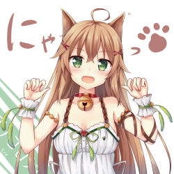 Rule 34 | 1girl, :d, ahoge, animal ears, arm ribbon, bell, blush, brown hair, cat ears, collar, enokorogusa (flower knight girl), fang, flower knight girl, green eyes, green foxtail (flower knight girl), hair ornament, hairclip, happy, highres, long hair, looking at viewer, neck bell, nyan, open mouth, paw pose, paw print, ribbon, simple background, smile, solo, striped, striped background, tsuchikure, upper body, wrist cuffs