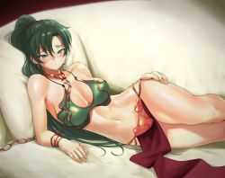 Rule 34 | 1girl, anagumasan, armlet, armor, bikini, blush, breasts, chain, cleavage, cosplay, crossover, disney, earrings, female focus, fire emblem, fire emblem: the blazing blade, green eyes, green hair, harem outfit, high ponytail, highres, jewelry, large breasts, long hair, looking at viewer, lyn (fire emblem), medium breasts, navel, nintendo, pelvic curtain, ponytail, princess leia organa solo, princess leia organa solo (cosplay), simple background, slave, solo, star wars, star wars: return of the jedi, swimsuit, very long hair