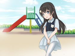 Rule 34 | 1girl, aged down, between legs, black hair, blue dress, blue eyes, blue sky, blue vest, blurry, blurry background, blush, bush, buttons, cloud, collared dress, crying, day, dress, embarrassed, female focus, flat chest, hair ornament, hand between legs, have to pee, kagura hikari, long hair, looking at viewer, mr. white (revue starlight), open mouth, outdoors, own hands together, pantyhose, pee, peeing, peeing self, playground, shadow, short dress, short sleeves, shoujo kageki revue starlight, sidelocks, sky, solo, sparkle hair ornament, standing, tears, vest, walking, wavy mouth, wet, wet clothes, white pantyhose, yuetan (ssvs73608)