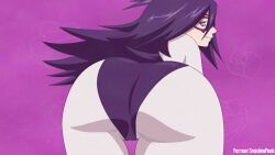 Rule 34 | 1girl, animated, animated gif, artist name, ass, ass focus, ass shake, bent over, blue eyes, bodysuit, boku no hero academia, cameltoe, come hither, commentary, english commentary, eye mask, female focus, highleg, highleg leotard, huge ass, leotard, long hair, midnight (boku no hero academia), panties, patterned background, purple background, seductive smile, simple background, smile, solo, squishingpixels, underwear, wide hips