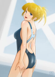 Rule 34 | 1girl, artist logo, ass, back, back focus, blonde hair, blue eyes, blue one-piece swimsuit, breasts, competition swimsuit, from behind, lips, looking at viewer, looking back, medium breasts, nemuribuka, one-piece swimsuit, open mouth, original, short hair, smile, solo, standing, swimsuit