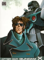 Rule 34 | 1boy, after war gundam x, armor, brown hair, coat, collar, cover, damaged, expressionless, facial mark, gradient background, gundam, gx-bit, highres, jamil neate, machinery, male focus, manly, mecha, military, military uniform, official art, robot, scar, scar across eye, scar on face, science fiction, sunglasses, uniform, upper body, white background