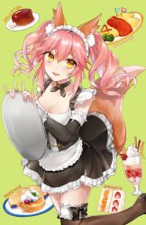 Rule 34 | 10s, 1girl, :d, animal ears, apron, black dress, black footwear, blush, breasts, brown eyes, brown thighhighs, cleavage, cross tie, detached sleeves, dress, fangs, fate/extra, fate (series), food, fox ears, fox girl, fox shadow puppet, fox tail, frilled apron, frilled dress, frills, fruit, green background, hair between eyes, holding, holding tray, hsiao, long sleeves, looking at viewer, medium breasts, official alternate costume, omelet, omurice, open mouth, pancake, parfait, pink hair, plate, sandwich, sandwiched, shoes, simple background, smile, solo, standing, standing on one leg, strawberry, tail, tamamo (fate), tamamo no mae (fate/extra), thighhighs, tray, twintails, white apron