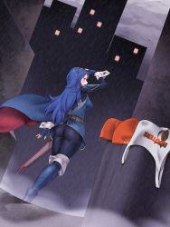 Rule 34 | 1girl, absurdres, ass, blue footwear, blue gloves, blue hair, boots, building, city, cityscape, cloud, cloudy sky, commission, dutch angle, fingerless gloves, fire emblem, fire emblem awakening, gloves, highres, hooters, igni tion, leggings, long hair, long sleeves, looking away, lucina (fire emblem), night, night sky, nintendo, rain, raincoat, sheath, sheathed, short shorts, shorts, unworn shorts, sky, skyscraper, solo, sword, thigh boots, trash can, water drop, weapon, wet, wet clothes