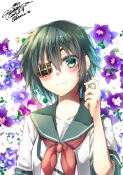 Rule 34 | 10s, 1girl, 2016, alternate hair length, alternate hairstyle, artist name, bad id, bad pixiv id, closed mouth, commentary request, dated, dress, eyepatch, floral background, green eyes, green hair, hand in own hair, kantai collection, kiso (kancolle), looking at viewer, matching hair/eyes, neckerchief, sailor dress, school uniform, serafuku, short hair, solo, upper body, yuihira asu