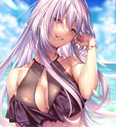 1girl amagasa_tsuzuri bare_shoulders beach bikini blush bracelet breasts cleavage day green_eyes hair_between_eyes halterneck hand_up hanikami_kanojo jewelry large_breasts light_purple_hair long_hair mole mole_under_eye outdoors piromizu purple_bikini sidelocks smile solo swimsuit wet