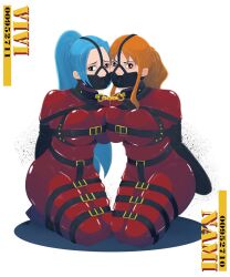 Rule 34 | 2girls, angry, armbinder, arms behind back, bdsm, black footwear, blue hair, bodysuit, bondage, bondage gear, boots, bound, breasts, brown eyes, chain, collar, covered mouth, covered nose, eyeliner, female focus, gag, gagged, gimp, gimp suit, gimpsuit, harness, head harness, highres, kneeboots, kneeling, large breasts, latex, latex bodysuit, latex boots, leash, leashed to another, makeup, multiple girls, nami (one piece), nefertari vivi, one piece, orange eyes, orange hair, pgratedslasher, ponytail, red bodysuit, sad, shiny clothes, shiny skin, strap, toei animation, toei company, white background