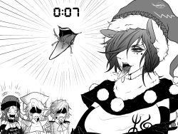 Rule 34 | +++, 4girls, angel wings, animal ears, arm warmers, breasts, cherry, clothes writing, collarbone, commentary, doremy sweet, earrings, elbow gloves, emphasis lines, fangs, food, fruit, gloom (expression), gloves, greyscale, hair between eyes, hair over one eye, hands in opposite sleeves, hecatia lapislazuli, jewelry, junko (touhou), kishin sagume, large breasts, legacy of lunatic kingdom, long hair, monochrome, multiple girls, off-shoulder shirt, off shoulder, open mouth, phoenix crown, pointy ears, pom pom (clothes), ryuuichi (f dragon), shaded face, shirt, short hair, simple background, single wing, symbol-only commentary, tail, tapir ears, tapir tail, tassel, timestamp, tongue, tongue out, touhou, white background, wings