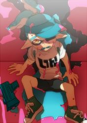 Rule 34 | 1boy, defeat, domino mask, imminent rape, inkling player character, male focus, mask, messy, nintendo, pointy ears, solo, splatoon (series), tentacle hair, tentacles, weapon