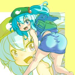 Rule 34 | 1girl, ass, backpack, bag, barefoot, blue eyes, blue hair, female focus, hair bobbles, hair ornament, hat, kawashiro nitori, key, matching hair/eyes, short hair, skirt, sleeveless, smile, sokutenkun, solo, tooth, touhou, twintails, two side up, zoom layer