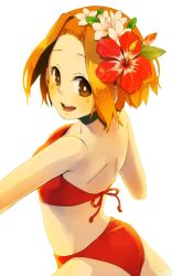 Rule 34 | 1girl, ass, bad id, bad pixiv id, bikini, blush, brown eyes, brown hair, flower, from side, hair flower, hair ornament, hibiscus, k-on!, looking at viewer, looking back, maguro (ma-glo), open mouth, red bikini, simple background, smile, solo, swimsuit, tainaka ritsu, white background