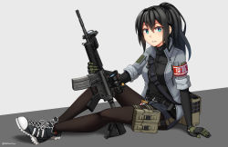 Rule 34 | 1girl, acog, arm support, armband, assault rifle, belt, belt buckle, black belt, black gloves, black gothic dress (idolmaster), black hair, black shirt, blue eyes, blue shorts, breasts, brown pantyhose, buckle, chinese commentary, commentary request, elbow gloves, flashlight, gloves, grey background, grey jacket, gun, hair between eyes, high ponytail, highres, holding, holding gun, holding weapon, idolmaster, jacket, long hair, m4 carbine, muzzle device, ndtwofives, open clothes, open jacket, original, pantyhose, parted lips, ponytail, rifle, shirt, shoes, short shorts, short sleeves, shorts, sidelocks, sitting, small breasts, solo, suzuya tang, translation request, twitter username, weapon