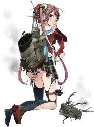 Rule 34 | 10s, 1girl, antlers, asagumo (kancolle), blue panties, blush, bow, bowtie, brown hair, cape, damaged, from behind, fujikawa, full body, hairband, hat, horns, kantai collection, kneeling, long hair, looking back, machinery, official art, panties, pantyhose, plaid, plaid skirt, pleated skirt, santa costume, santa hat, school uniform, shoes, single shoe, skirt, smoke, solo, tears, thighhighs, torn clothes, torn legwear, transparent background, turret, twintails, underwear, very long hair
