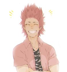 Rule 34 | 10s, 1boy, ammeja, boku no hero academia, closed eyes, grin, kirishima eijirou, male focus, red hair, revision, simple background, smile, solo, spiked hair, teeth, white background