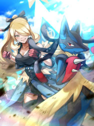 Rule 34 | 1girl, belt, black shirt, blonde hair, blue belt, blue coat, blue sky, blurry, breasts, clenched hands, closed mouth, coat, commentary request, creatures (company), cynthia (pokemon), cynthia (sygna suit) (aura) (pokemon), day, debris, dirt, fighting stance, floating hair, fur-trimmed coat, fur trim, game freak, gen 4 pokemon, gloves, grey eyes, hair over one eye, hands up, highres, large breasts, lens flare, long hair, looking at viewer, lucario, mega lucario, mega pokemon, nintendo, official alternate costume, outdoors, pokemon, pokemon (creature), pokemon masters ex, pokephilia, ponytail, red eyes, red gloves, shirt, sky, smile, spikes, sunlight, supino, thighhighs