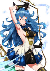 Rule 34 | 10s, 1girl, arm up, armpits, backless dress, backless outfit, bad id, bad pixiv id, black gloves, black thighhighs, blue hair, blush, breasts, brown eyes, chain, chokuro, cowboy shot, dress, ferry (granblue fantasy), frilled dress, frills, gloves, granblue fantasy, highres, holding, holding weapon, long hair, looking away, medium breasts, parted lips, short dress, sideboob, solo, standing, thighhighs, very long hair, weapon
