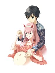 Rule 34 | 10s, 1boy, 1girl, absurdres, bad id, bad pixiv id, black hair, blue eyes, breasts, cleavage, commentary, couple, darling in the franxx, fang, fringe trim, fur trim, green eyes, hair ornament, hairband, hand on another&#039;s stomach, hawaiian shirt, hetero, highres, hiro (darling in the franxx), holding hands, horns, hug, long hair, long sleeves, medium breasts, navel, oni horns, pink hair, pregnant, red horns, shirt, short hair, user wssc4878, white hairband, zero two (darling in the franxx)