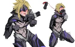 2boys abs armor arms_behind_back begging black_armor black_gloves black_mask blonde_hair blush chinese_commentary cloud_strife cloud_strife_(bahamut_garb) collar disembodied_hand eye_mask facial_mark final_fantasy final_fantasy_vii final_fantasy_vii_ever_crisis gloves hand_on_another&#039;s_chin hand_up heavy_breathing highres holding holding_leash kneeling leash low-cut male_focus male_pubic_hair multiple_boys official_alternate_costume open_mouth parted_lips pet_play popped_collar pubic_hair red_collar red_leash saliva see-through_clothes sephiroth shaking short_hair shoulder_armor single_shoulder_pad spiked_hair spread_legs steam sweat toned toned_male tongue tongue_out white_background yaoi zz_(lanbai34846959)