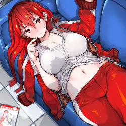 Rule 34 | 1girl, blush, breasts, cleavage, commentary request, couch, jacket, large breasts, long hair, looking at viewer, lying, mori hikiko, navel, off shoulder, on back, open clothes, open jacket, original, pants, red eyes, red hair, red jacket, red pants, red theme, shirt, solo, stomach, sweatdrop, t-shirt, takayama toshinori, track pants
