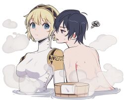 Rule 34 | 1boy, 1girl, aegis (persona), android, black hairband, blonde hair, blue eyes, blue hair, blush, closed mouth, elulit2, gold trim, hairband, looking at another, mixed-sex bathing, nude, onsen, partially submerged, persona, persona 3, profile, shared bathing, short hair, squiggle, water, wet, wet hair, yuuki makoto (persona 3)