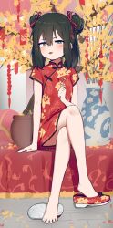 Rule 34 | 1girl, absurdres, bare legs, black hair, blush, candy, china dress, chinese clothes, chinese new year, crossed legs, double bun, dress, feet, floral print, food, full body, hair between eyes, hair bun, hair ribbon, highres, holding, holding candy, holding food, holding lollipop, hoplitx, lollipop, looking at viewer, original, plant, potted plant, red dress, red ribbon, ribbon, shoe dangle, shoes, short sleeves, single shoe, sitting, solo, tongue, unworn shoe, unworn shoes