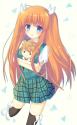 Rule 34 | 1girl, :o, aiyan, black thighhighs, blue eyes, blush, bow, bow legwear, character doll, colored eyelashes, commentary request, cowboy shot, crossed arms, doll, eyes visible through hair, green skirt, green sweater vest, hair between eyes, highres, holding, holding doll, long hair, miniskirt, ootori chihaya, open mouth, orange hair, partial commentary, plaid, plaid skirt, pleated skirt, puffy short sleeves, puffy sleeves, rewrite, school uniform, shirt, short sleeves, sidelocks, simple background, skirt, solo, standing, standing on one leg, straight hair, sweater vest, tennouji kotarou, thighhighs, two side up, very long hair, white background, white bow, white shirt, wing hair ornament, zettai ryouiki