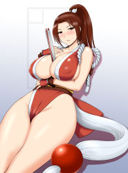 Rule 34 | 1girl, breasts, fatal fury, hand fan, highres, huge breasts, image sample, pixiv sample, ponytail, shiranui mai, snk, st.germain-sal, the king of fighters, thick thighs, thighs